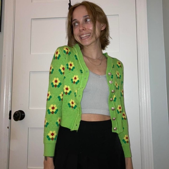 Green Floral Cropped Cardigan - Picture 1 of 4